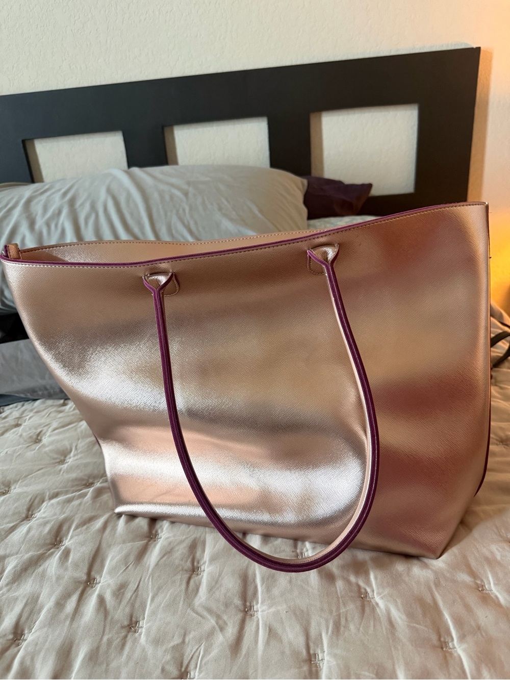 Bath & Body Works Rose Gold Tote with Plum Handles